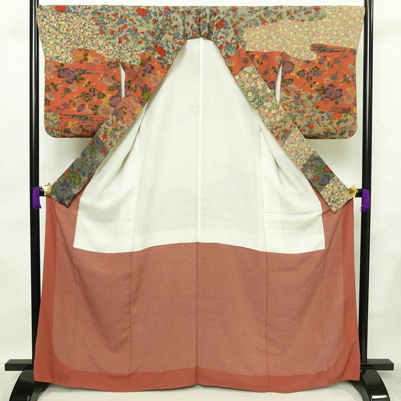 訪問着 良品 三橋観雪 落款入り 縮緬 正絹 木の葉・植物柄 袷仕立て 身丈165cm 裄丈68.5cm フォーマル 着物 多色使い_画像3