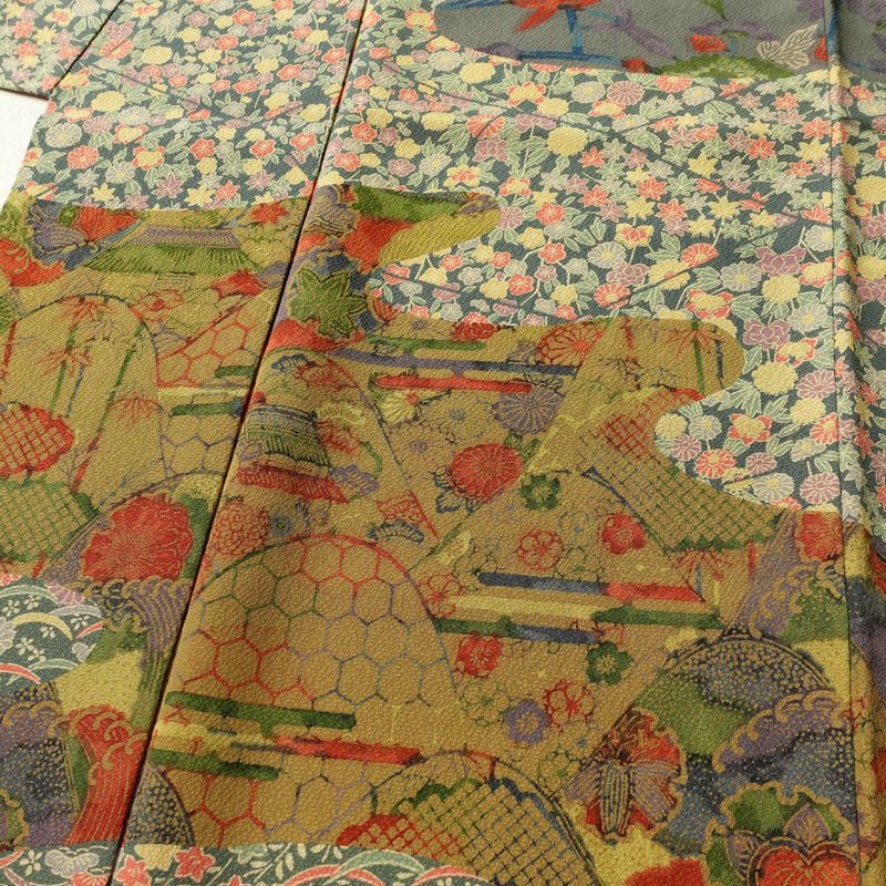 訪問着 良品 三橋観雪 落款入り 縮緬 正絹 木の葉・植物柄 袷仕立て 身丈165cm 裄丈68.5cm フォーマル 着物 多色使い_画像5