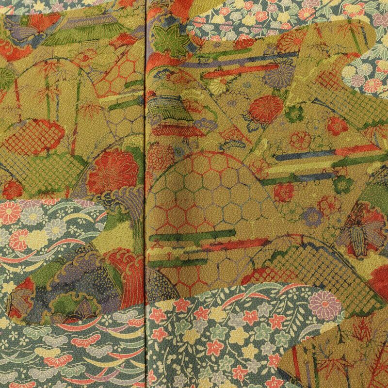 訪問着 良品 三橋観雪 落款入り 縮緬 正絹 木の葉・植物柄 袷仕立て 身丈165cm 裄丈68.5cm フォーマル 着物 多色使い_画像6