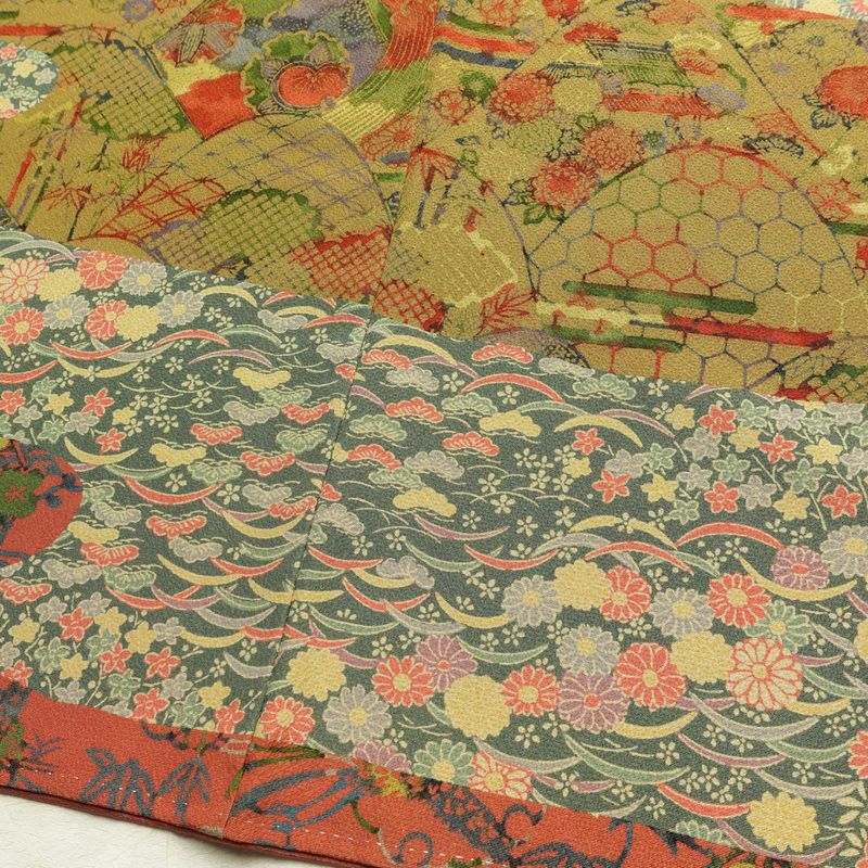 訪問着 良品 三橋観雪 落款入り 縮緬 正絹 木の葉・植物柄 袷仕立て 身丈165cm 裄丈68.5cm フォーマル 着物 多色使い_画像12