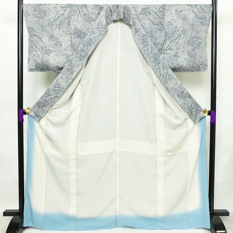 小紋 良品 しつけ糸付き 正絹 花柄 袷仕立て 身丈167cm 裄丈68.5cm 着物 青・紺_画像3