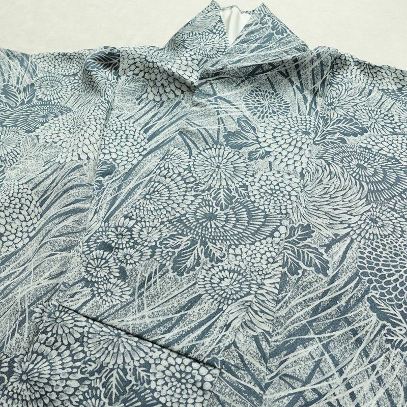 小紋 良品 しつけ糸付き 正絹 花柄 袷仕立て 身丈167cm 裄丈68.5cm 着物 青・紺_画像16