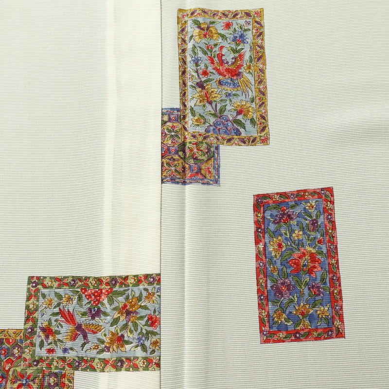 盛夏 良品 夏用 小紋 絽 正絹 幾何学柄・抽象柄 単衣仕立て 身丈157cm 裄丈65.5cm 着物 クリーム_画像6