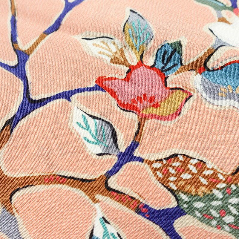 小紋 美品 しつけ糸付き 縮緬 総柄 正絹 木の葉・植物柄 袷仕立て 身丈163.5cm 裄丈67.5cm 着物 ピンク_画像8