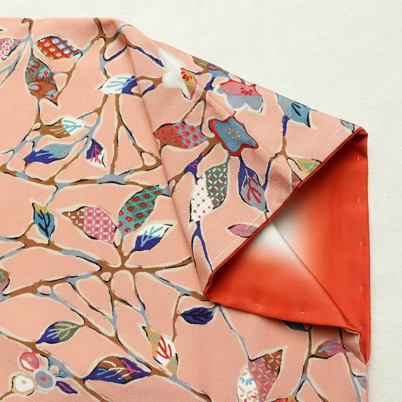 小紋 美品 しつけ糸付き 縮緬 総柄 正絹 木の葉・植物柄 袷仕立て 身丈163.5cm 裄丈67.5cm 着物 ピンク_画像14