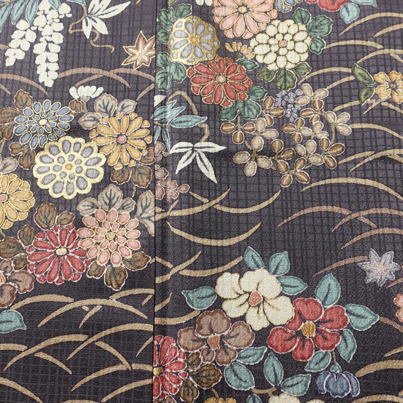 小紋 良品 総柄 正絹 花柄 袷仕立て 身丈158.5cm 裄丈64.5cm 箔 金彩 着物 紫・藤色_画像6