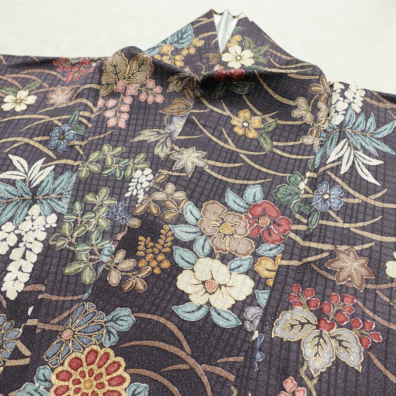 小紋 良品 総柄 正絹 花柄 袷仕立て 身丈158.5cm 裄丈64.5cm 箔 金彩 着物 紫・藤色_画像16