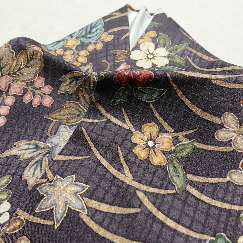 小紋 良品 総柄 正絹 花柄 袷仕立て 身丈158.5cm 裄丈64.5cm 箔 金彩 着物 紫・藤色_画像17