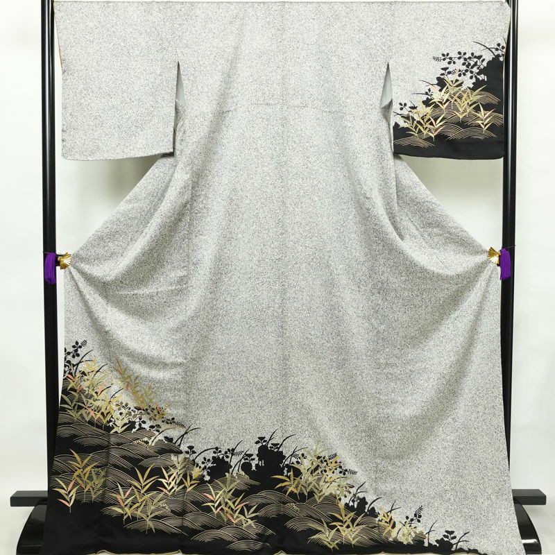訪問着 良品 ろうけつ染め 正絹 木の葉・植物柄 袷仕立て 身丈173cm 裄丈69.5cm 箔 金彩 フォーマル 着物 グレー_画像1