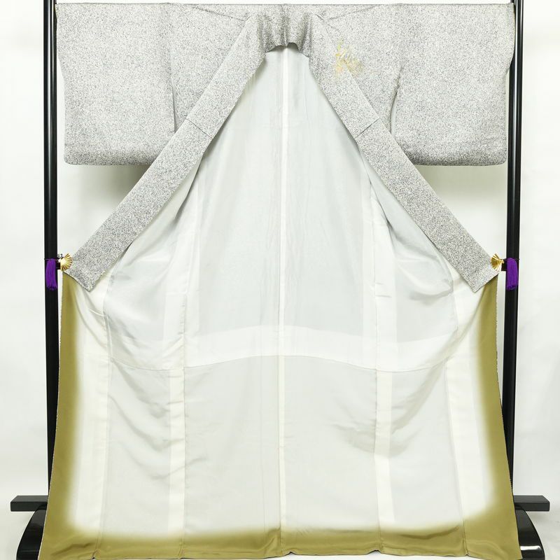 訪問着 良品 ろうけつ染め 正絹 木の葉・植物柄 袷仕立て 身丈173cm 裄丈69.5cm 箔 金彩 フォーマル 着物 グレー_画像3