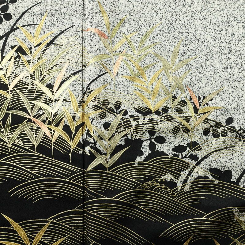 訪問着 良品 ろうけつ染め 正絹 木の葉・植物柄 袷仕立て 身丈173cm 裄丈69.5cm 箔 金彩 フォーマル 着物 グレー_画像6