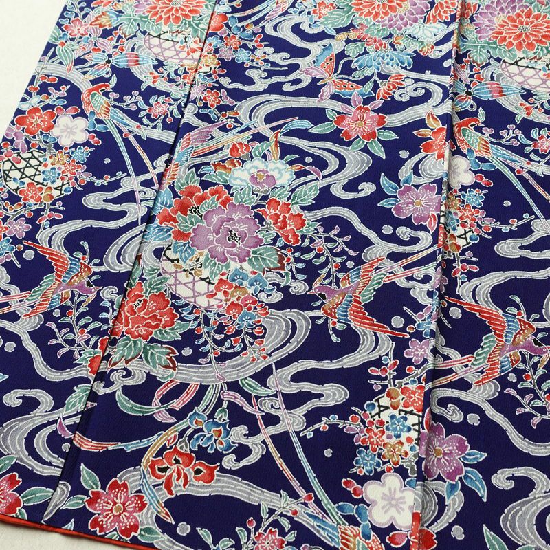 小紋 良品 縮緬 総柄 正絹 袷仕立て 身丈158cm 裄丈67.5cm 着物 青・紺_画像4