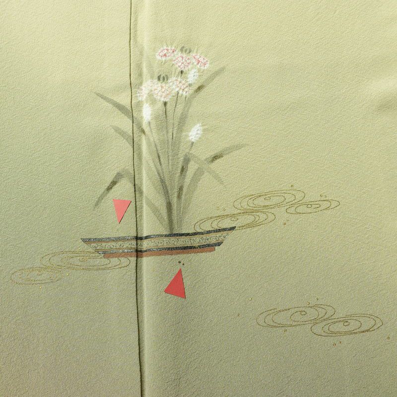 付け下げ 落款入り 縮緬 絞り 一つ紋付き 正絹 木の葉・植物柄 袷仕立て 身丈161.5cm 裄丈64.5cm 金彩 フォーマル 着物 黄・黄土色_画像6