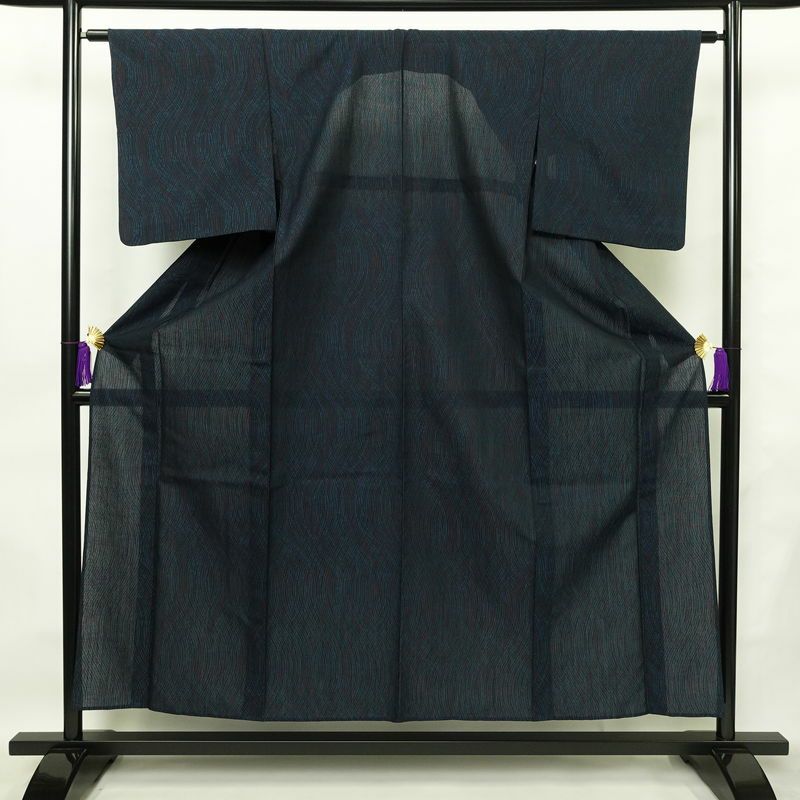 盛夏 良品 正絹 流水・波柄 単衣仕立て 身丈154.5cm 裄丈63cm 着物 青・紺_画像1