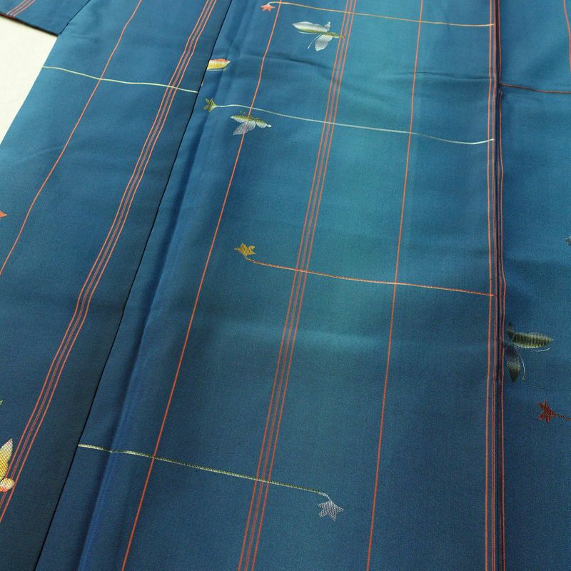 紬 美品 しつけ糸付き セット品 正絹 蝶・昆虫柄 袷仕立て 身丈161cm 裄丈67cm 着物 青・紺_画像8