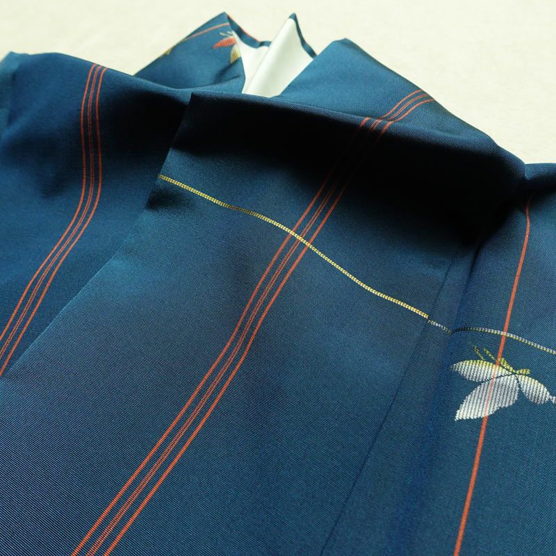 紬 美品 しつけ糸付き セット品 正絹 蝶・昆虫柄 袷仕立て 身丈161cm 裄丈67cm 着物 青・紺_画像14