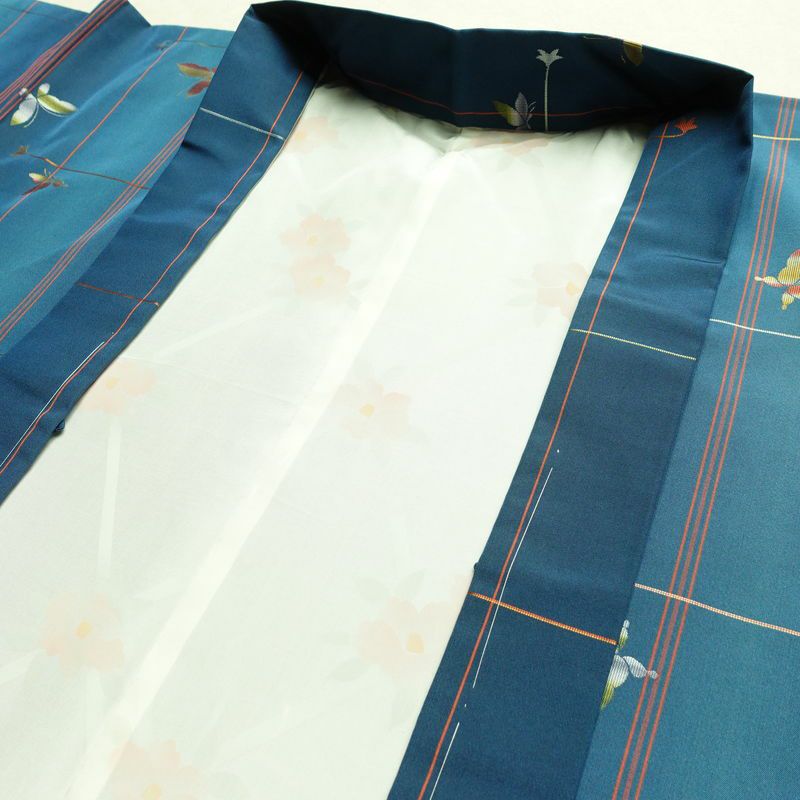 紬 美品 しつけ糸付き セット品 正絹 蝶・昆虫柄 袷仕立て 身丈161cm 裄丈67cm 着物 青・紺_画像17