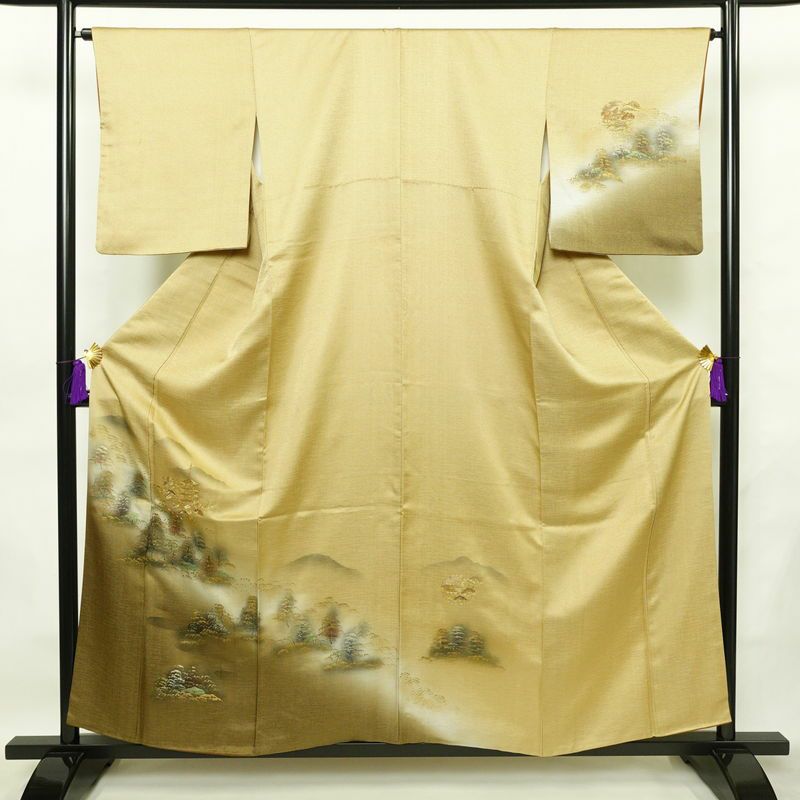 付け下げ 正絹 風景柄 袷仕立て 身丈157cm 裄丈65.5cm 箔 金彩 金糸 フォーマル 着物 ベージュ_画像1