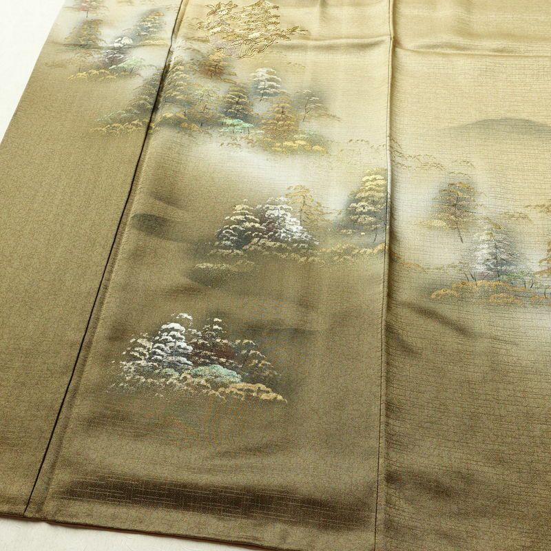 付け下げ 正絹 風景柄 袷仕立て 身丈157cm 裄丈65.5cm 箔 金彩 金糸 フォーマル 着物 ベージュ_画像4