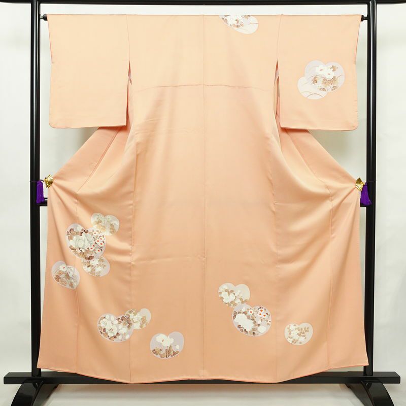 訪問着 良品 正絹 木の葉・植物柄 袷仕立て 身丈156.5cm 裄丈65.5cm 刺繍 フォーマル 着物 ピンク_画像1