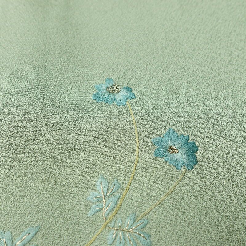 付け下げ 美品 しつけ糸付き 正絹 木の葉・植物柄 袷仕立て 身丈158cm 裄丈65cm 刺繍 共八掛 フォーマル 着物 緑・うぐいす色_画像8