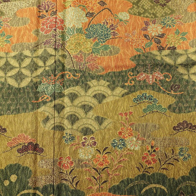 小紋 良品 しつけ糸付き 総柄 付下小紋 正絹 木の葉・植物柄 袷仕立て 身丈165.5cm 裄丈65.5cm 金彩 着物 黄・黄土色_画像6
