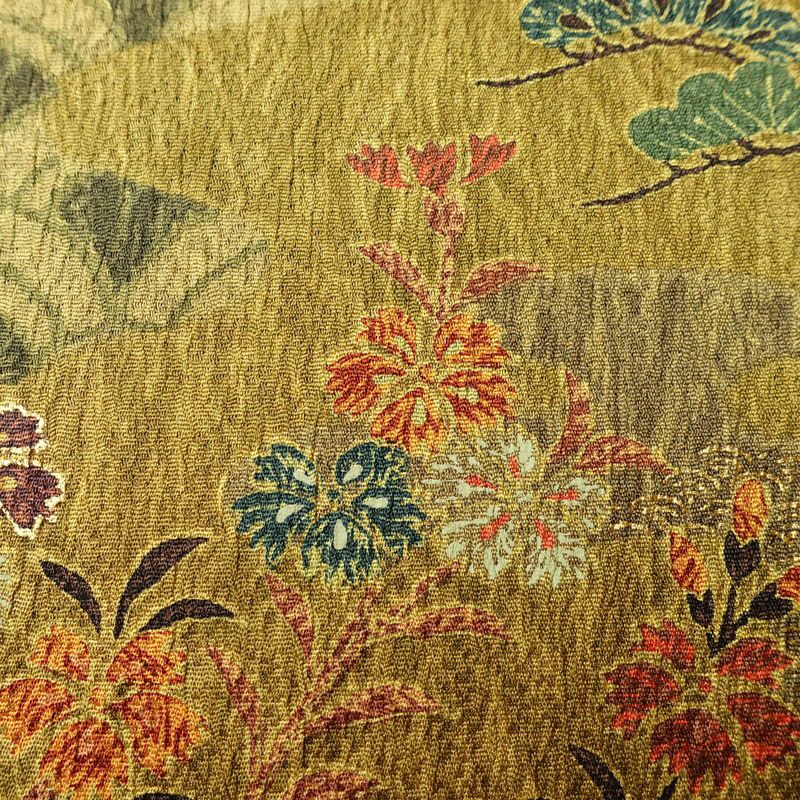 小紋 良品 しつけ糸付き 総柄 付下小紋 正絹 木の葉・植物柄 袷仕立て 身丈165.5cm 裄丈65.5cm 金彩 着物 黄・黄土色_画像9