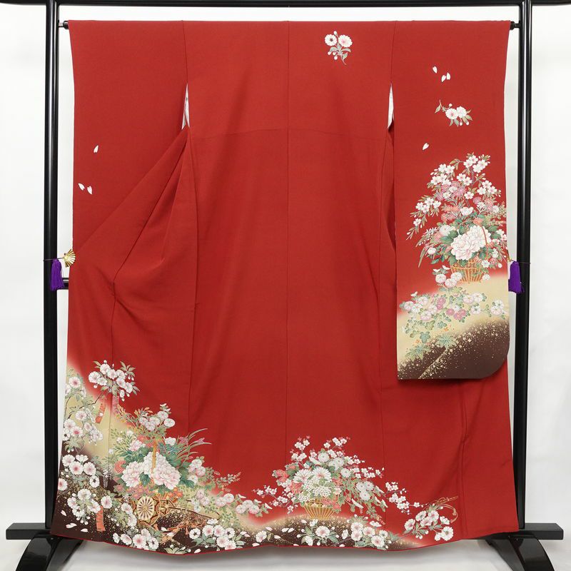 振袖 縮緬 正絹 花柄 袷仕立て 身丈159.5cm 裄丈65.5cm 箔 金彩 フォーマル 二十歳 着物 赤・朱_画像1