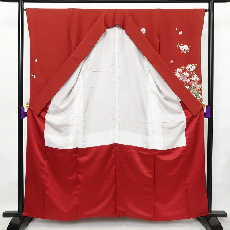 振袖 縮緬 正絹 花柄 袷仕立て 身丈159.5cm 裄丈65.5cm 箔 金彩 フォーマル 二十歳 着物 赤・朱_画像3