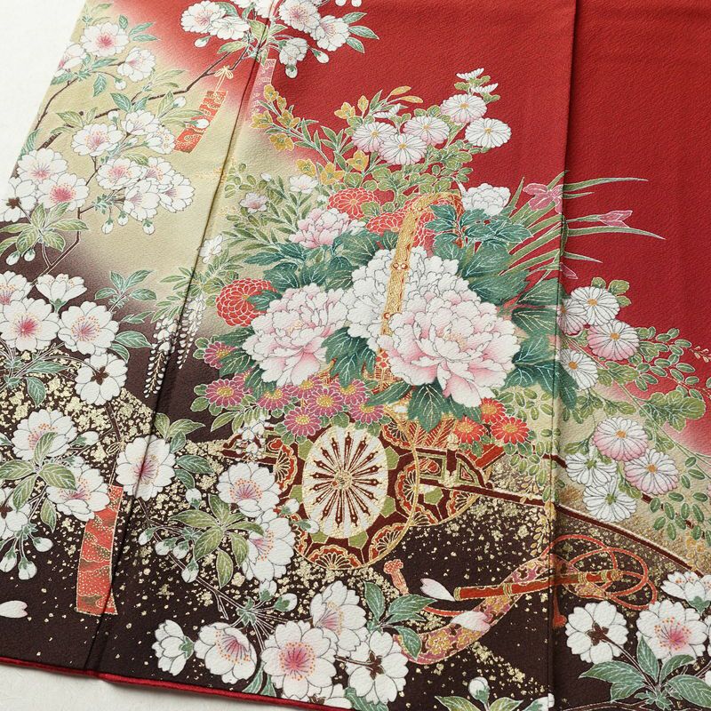 振袖 縮緬 正絹 花柄 袷仕立て 身丈159.5cm 裄丈65.5cm 箔 金彩 フォーマル 二十歳 着物 赤・朱_画像4