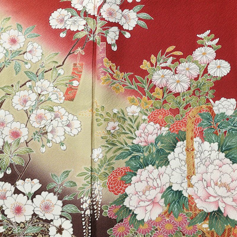 振袖 縮緬 正絹 花柄 袷仕立て 身丈159.5cm 裄丈65.5cm 箔 金彩 フォーマル 二十歳 着物 赤・朱_画像5