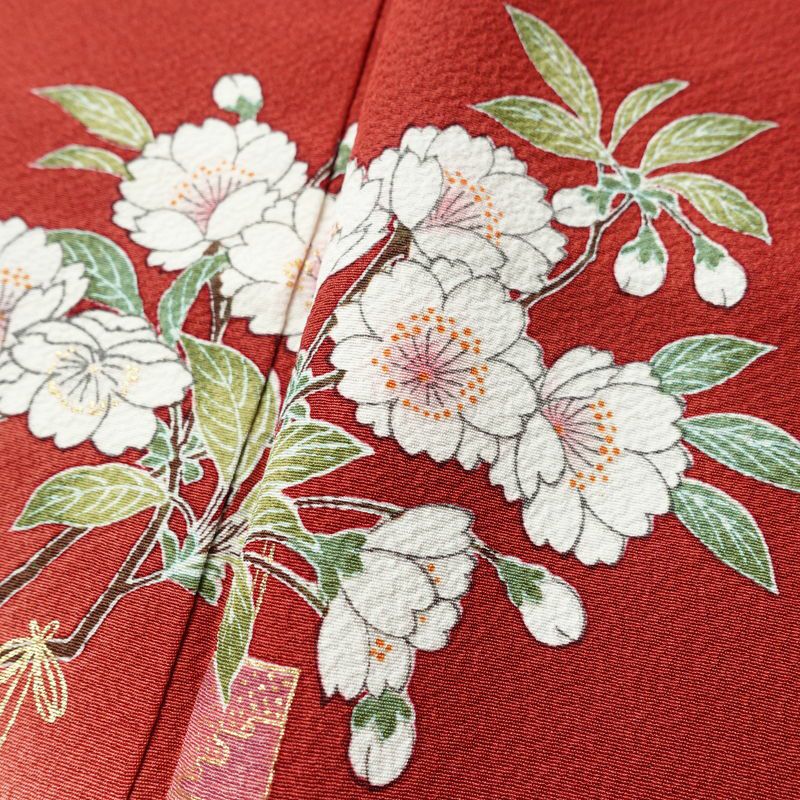 振袖 縮緬 正絹 花柄 袷仕立て 身丈159.5cm 裄丈65.5cm 箔 金彩 フォーマル 二十歳 着物 赤・朱_画像7