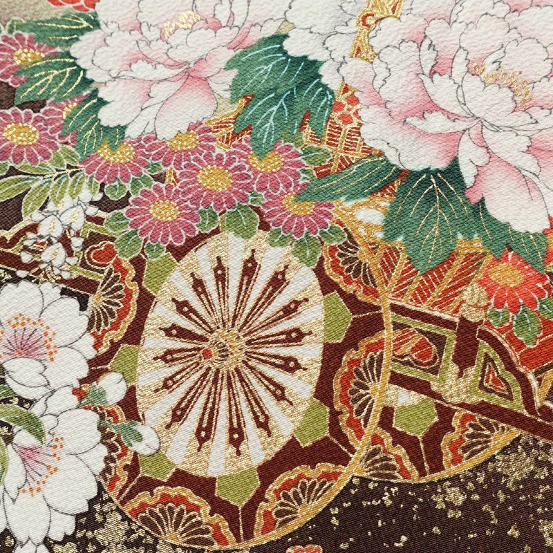 振袖 縮緬 正絹 花柄 袷仕立て 身丈159.5cm 裄丈65.5cm 箔 金彩 フォーマル 二十歳 着物 赤・朱_画像9