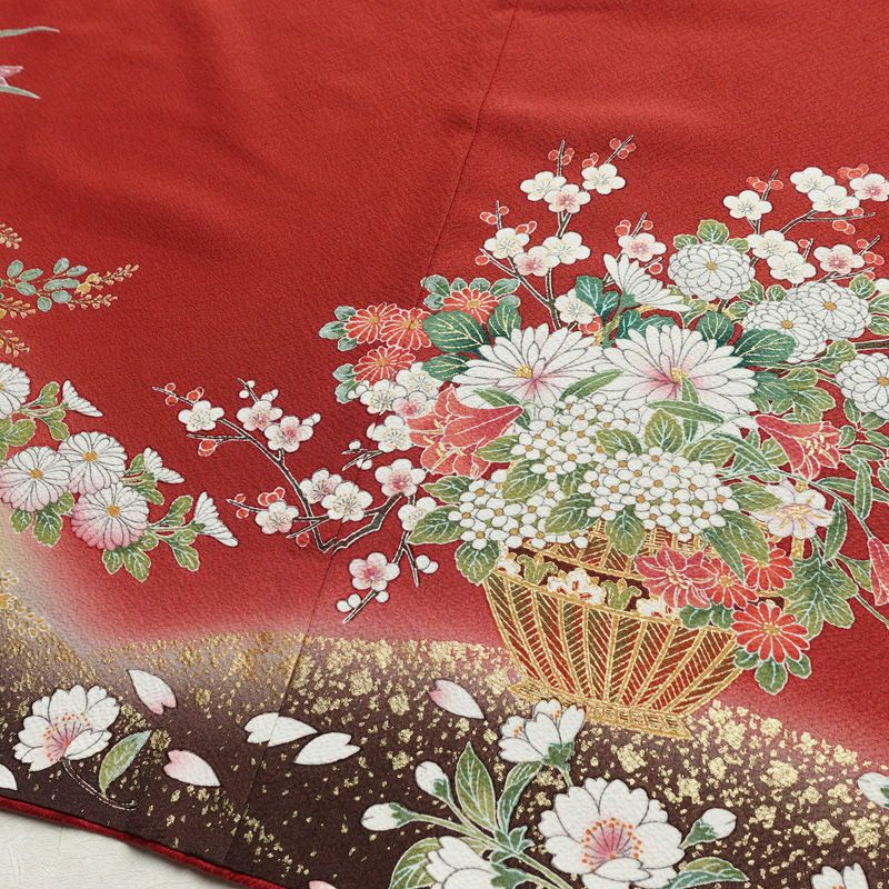 振袖 縮緬 正絹 花柄 袷仕立て 身丈159.5cm 裄丈65.5cm 箔 金彩 フォーマル 二十歳 着物 赤・朱_画像13