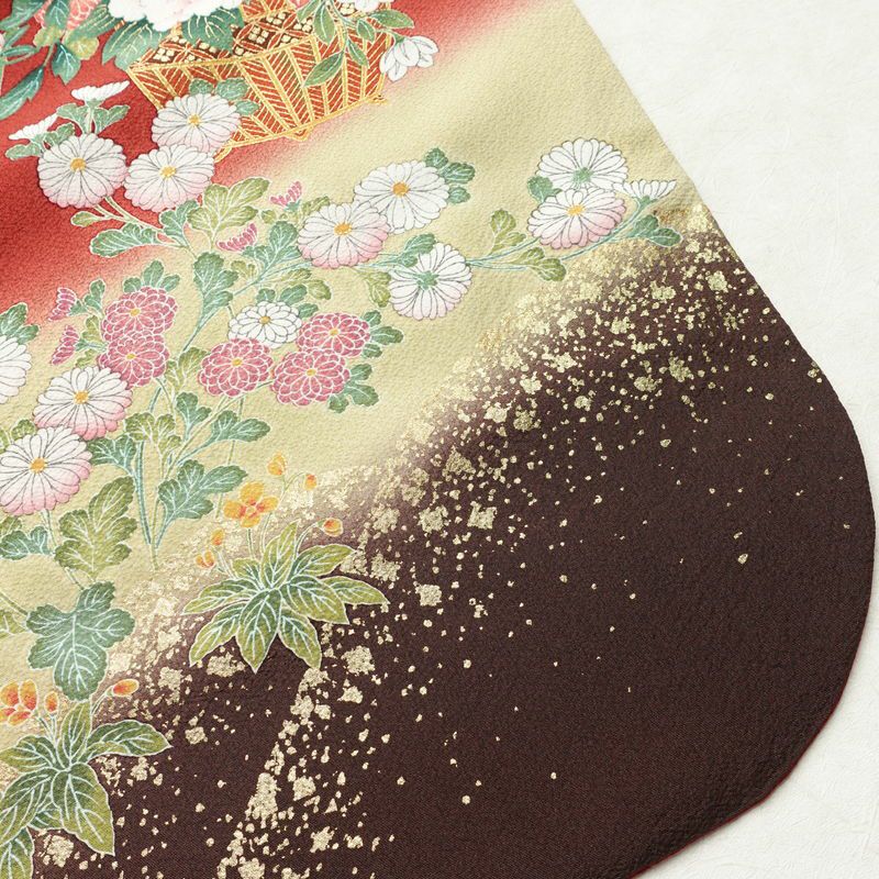 振袖 縮緬 正絹 花柄 袷仕立て 身丈159.5cm 裄丈65.5cm 箔 金彩 フォーマル 二十歳 着物 赤・朱_画像17