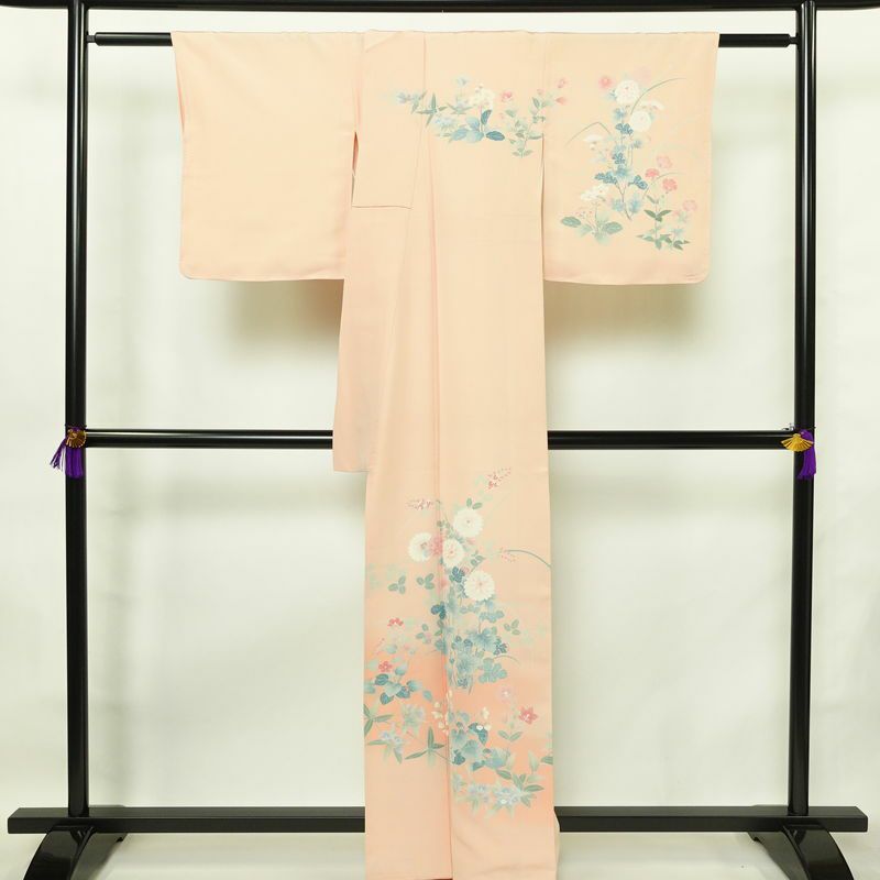 訪問着 加賀友禅 良品 落款入り 浜ちりめん 縮緬 正絹 花柄 袷仕立て 身丈160.5cm 裄丈65cm 一部しつけ糸付き 共八掛 フォーマル 着物 ピンク_画像2