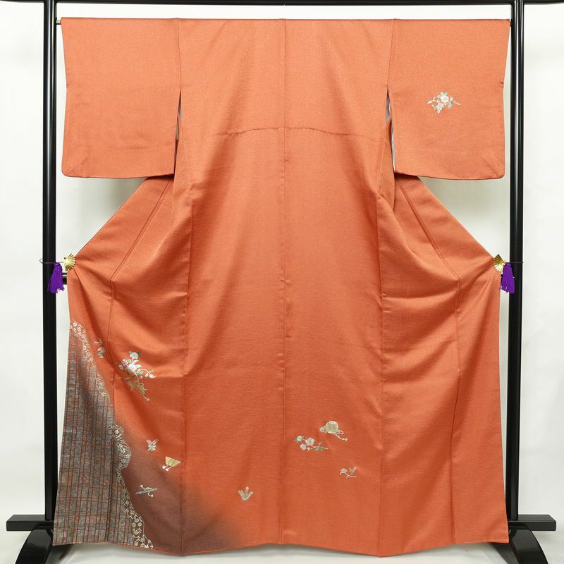 付け下げ 良品 正絹 古典柄 袷仕立て 身丈164.5cm 裄丈68cm 箔 フォーマル 着物 橙_画像1