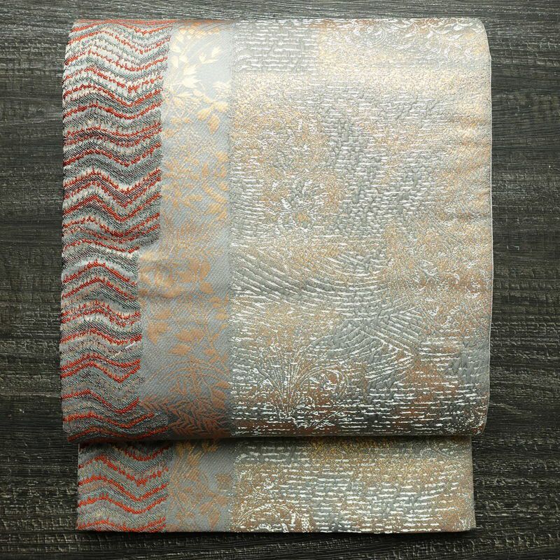 袋帯 ふくれ織 六通柄 フォーマル用 正絹 木の葉・植物柄 箔 帯 青・紺_画像1