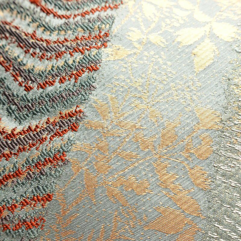 袋帯 ふくれ織 六通柄 フォーマル用 正絹 木の葉・植物柄 箔 帯 青・紺_画像3