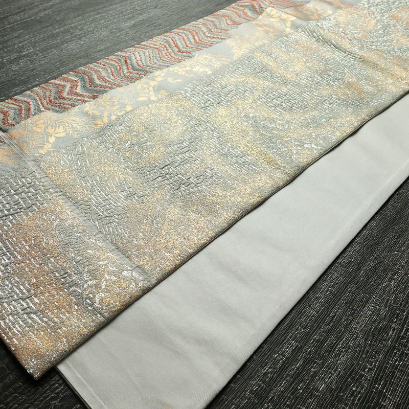 袋帯 ふくれ織 六通柄 フォーマル用 正絹 木の葉・植物柄 箔 帯 青・紺_画像8