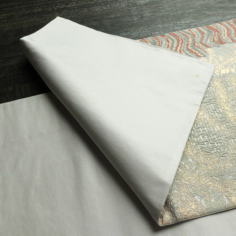 袋帯 ふくれ織 六通柄 フォーマル用 正絹 木の葉・植物柄 箔 帯 青・紺_画像9