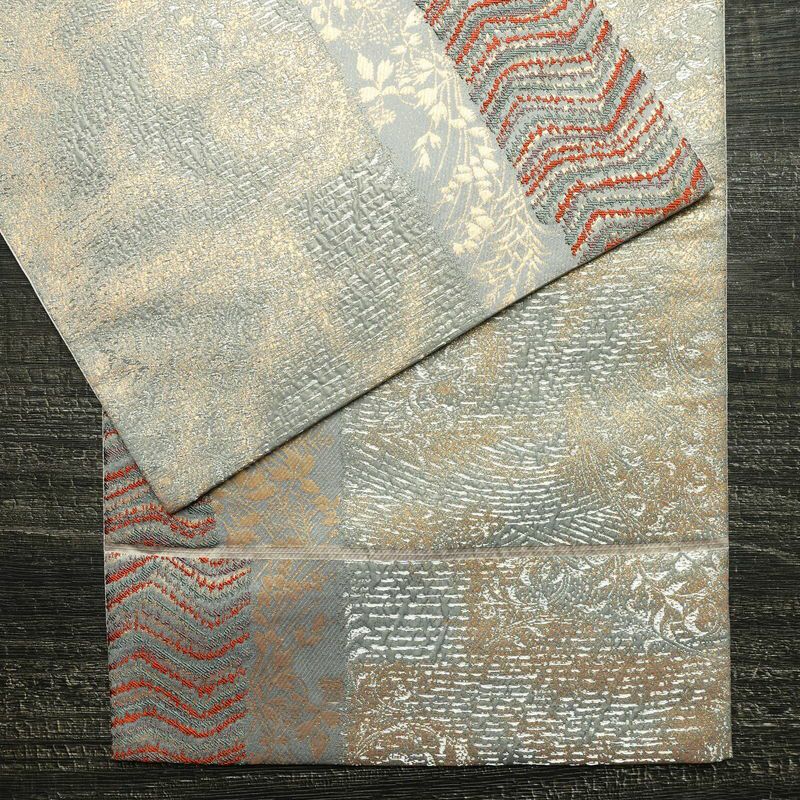 袋帯 ふくれ織 六通柄 フォーマル用 正絹 木の葉・植物柄 箔 帯 青・紺_画像13