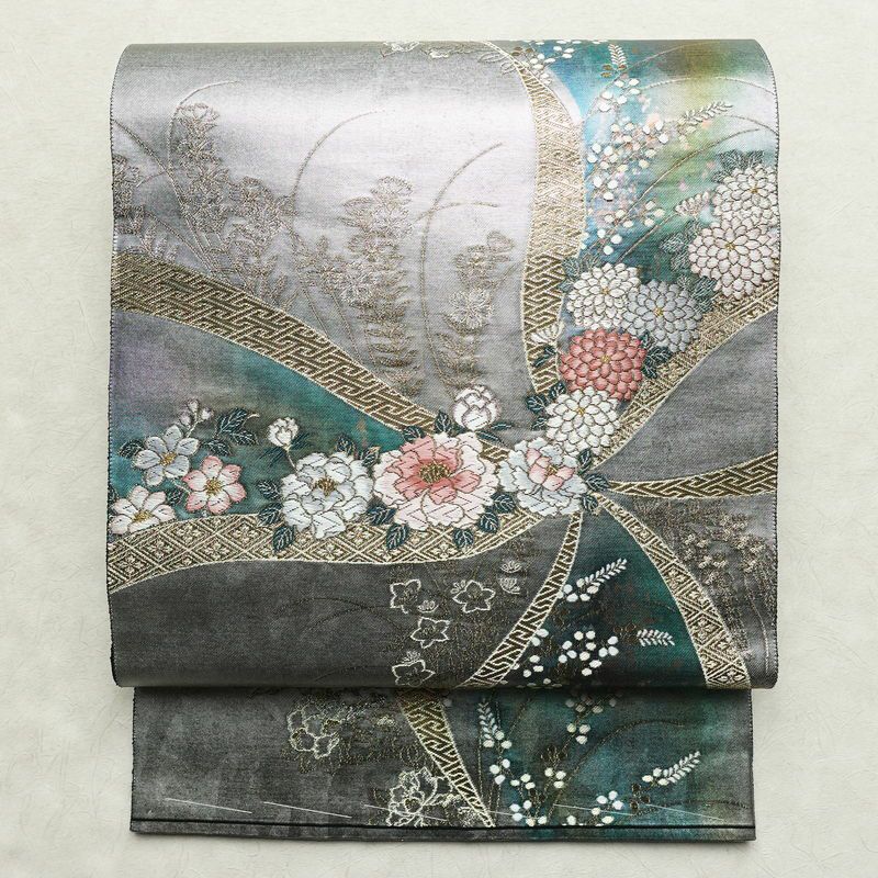 袋帯 六通柄 フォーマル用 正絹 花柄 箔 金糸 帯 金・銀_画像1