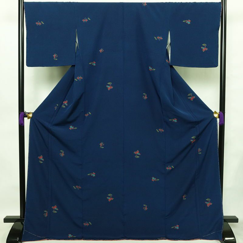 小紋 しつけ糸付き 縮緬 飛び柄 正絹 花柄 袷仕立て 身丈172cm 裄丈69cm 金彩 着物 青・紺_画像1