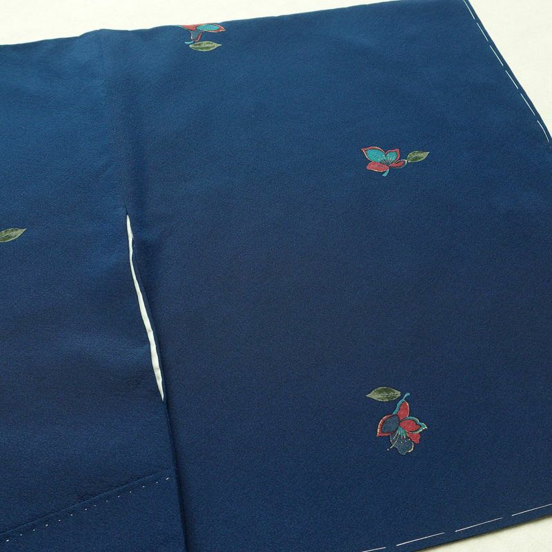 小紋 しつけ糸付き 縮緬 飛び柄 正絹 花柄 袷仕立て 身丈172cm 裄丈69cm 金彩 着物 青・紺_画像13