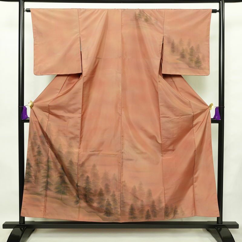 付け下げ 良品 落款入り 紬地 正絹 風景柄 袷仕立て 身丈155cm 裄丈64cm 一部しつけ糸付き フォーマル ぼかし 着物 橙_画像1