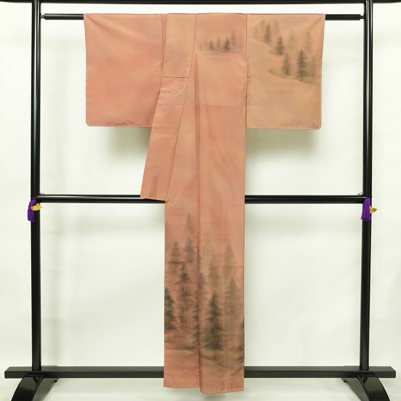 付け下げ 良品 落款入り 紬地 正絹 風景柄 袷仕立て 身丈155cm 裄丈64cm 一部しつけ糸付き フォーマル ぼかし 着物 橙_画像2