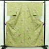 小紋 良品 ポリエステル 花柄 袷仕立て 身丈160cm 裄丈64cm 金彩 着物 緑・うぐいす色_画像1