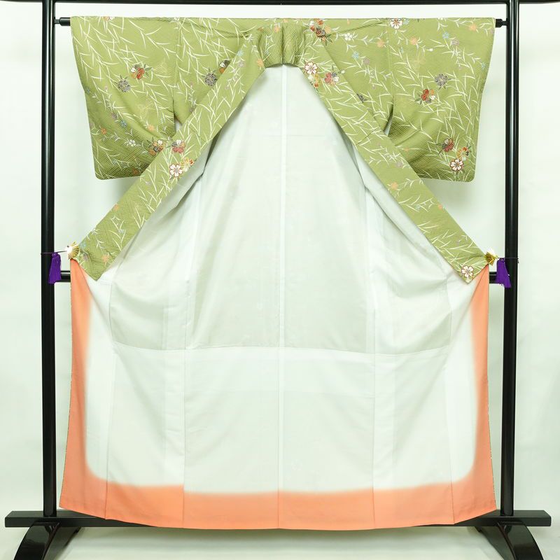 小紋 良品 ポリエステル 花柄 袷仕立て 身丈160cm 裄丈64cm 金彩 着物 緑・うぐいす色_画像3