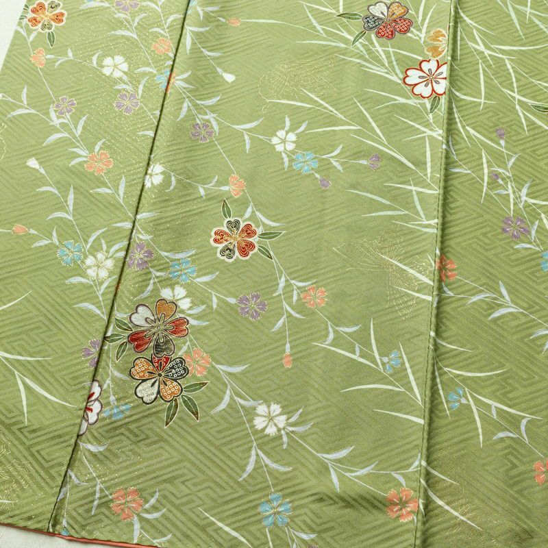 小紋 良品 ポリエステル 花柄 袷仕立て 身丈160cm 裄丈64cm 金彩 着物 緑・うぐいす色_画像4